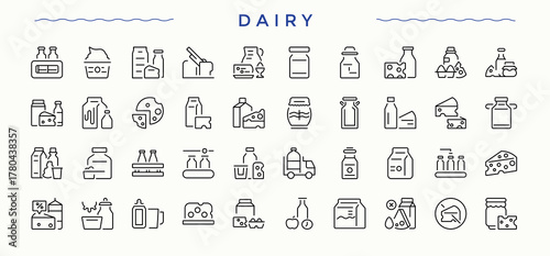 Dairy Farm vector line icon set. Contain linear sign dairy products, beverage, drink, dairy foods and more. Farming line icon set. Outline icons collection. Pictogram and infographic.