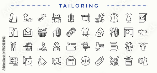 Tailoring modern icon set. Tailor icon set. Containing needlework, knitting, textile, sew, cloth, knit and more. Editable stroke collections.