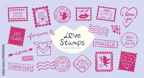 Set of hand-drawn Valentine's love postage stamps for cards, gift tags, invitations, scrapbooking, and romantic packaging with vintage purple charm