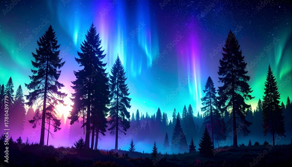 Naklejka premium Glowing forest silhouette at night horizon, bioluminescent trees, misty background