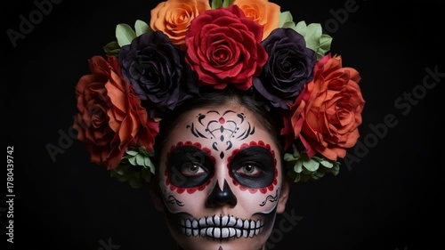 Woman with sugar skull makeup and floral crown