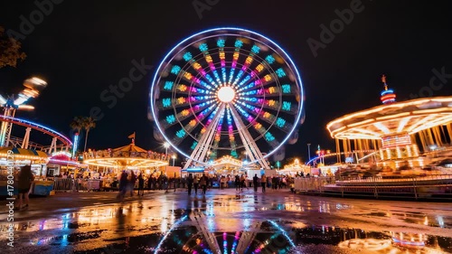 Ferris wheel at night in amusement park. Brightly illuminated Ferris wheel spinning at night in festive amusement park with people walking around. Family fun and entertainment concept