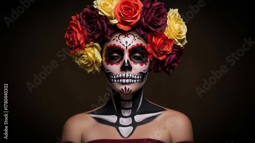 Woman with sugar skull makeup and flower crown.