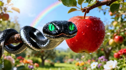Snake and apple in Garden of Eden. Dark snake coils around red apple under bright rainbow. Temptation, sin and fall of man. Religious symbolism, forbidden fruit, struggle between good and evil concept