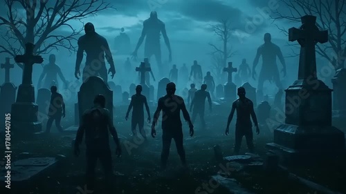 Zombie horde in a graveyard at night