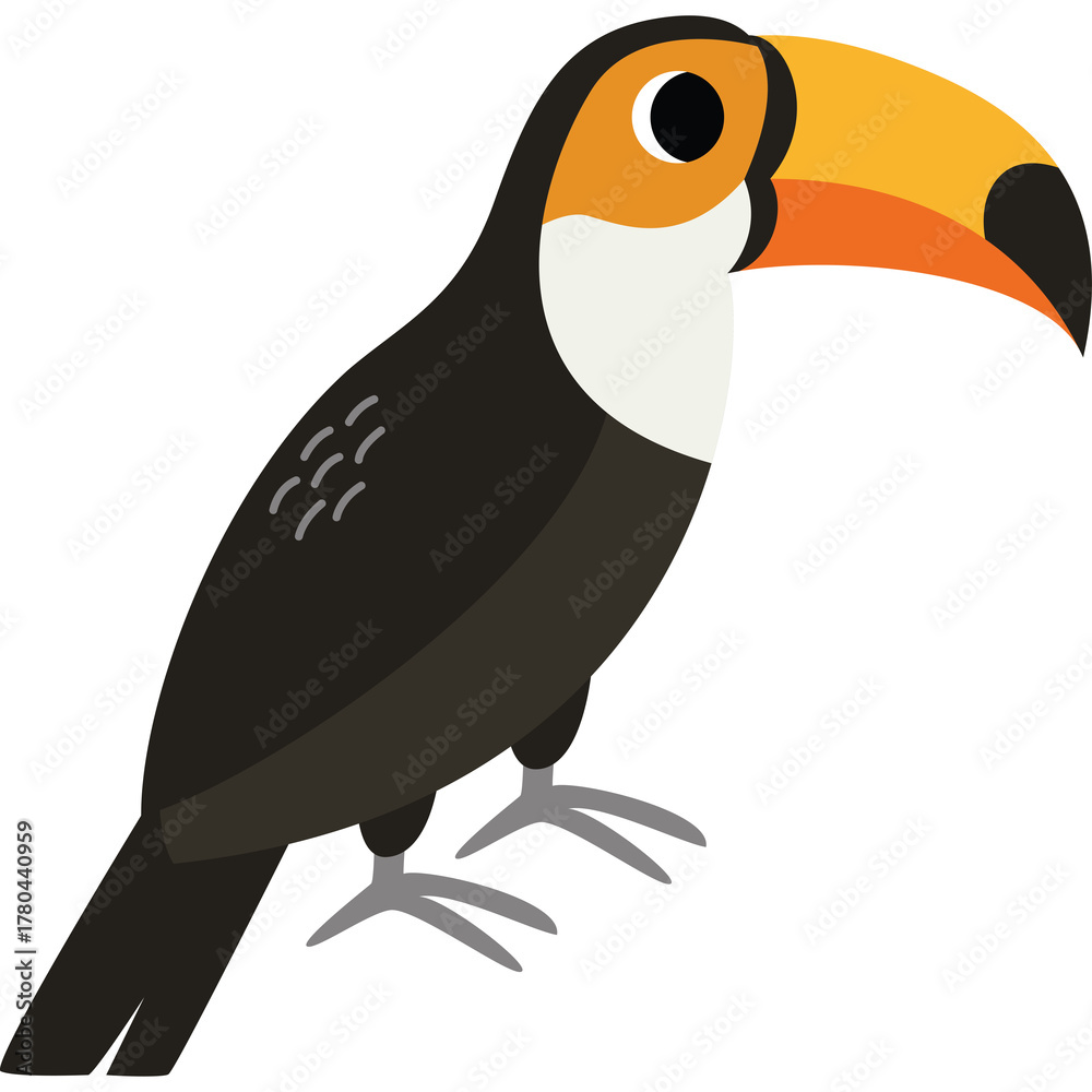 Obraz premium Illustrative Toucan Bird with Large Orange and Yellow Beak and Black Body Against a Transparent Background Minimalist Style