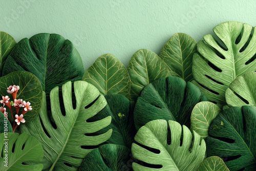 Lush Greenery: A vibrant arrangement of tropical foliage, showcasing the intricate patterns and textures of fresh, verdant leaves. A celebration of natural design and botanical beauty.