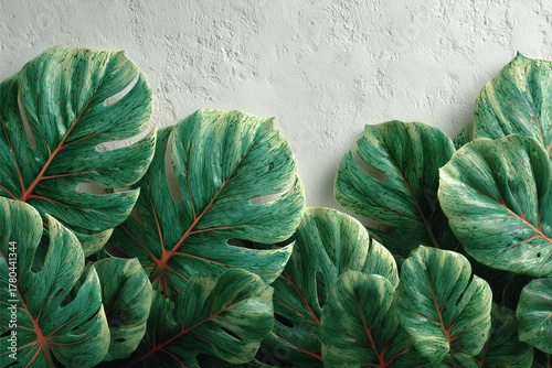 Variegated Monstera Leaves: A close-up showcases the intricate textures of variegated Monstera leaves, their lush green hues contrasting against a neutral backdrop.