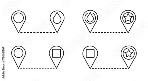 Simple location pin icons with varied internal symbols displayed in rows