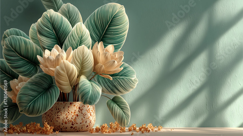 Serene Floral Elegance: A captivating indoor botanical arrangement, a fusion of delicate blooms and lush foliage that graces a living space