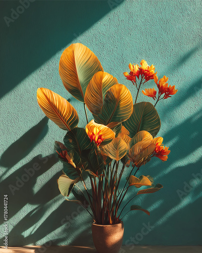 Golden Bloom by Sunlight: A captivating botanical scene presents a potted plant with large, golden-hued leaves and vibrant orange blooms against a textured turquoise wall.