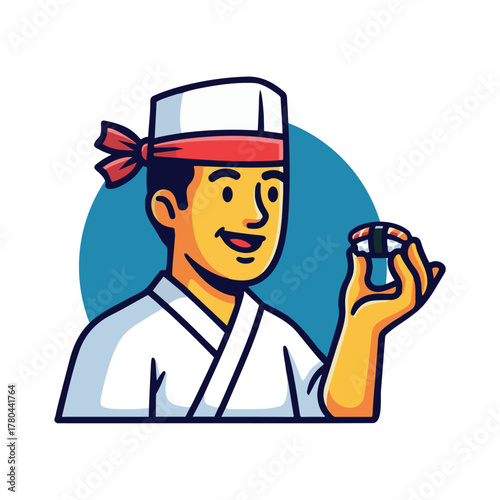 Cartoon illustration of a smiling Japanese sushi chef holding a nigiri. Mascot for an Asian food restaurant or seafood business