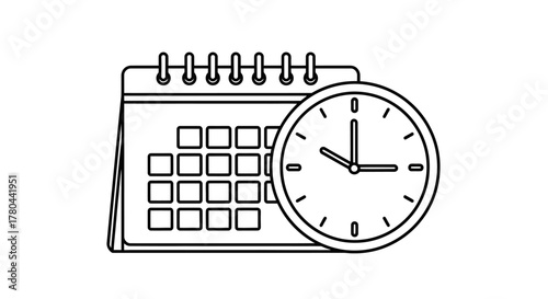 A simple line drawing depicting a calendar and a clock together