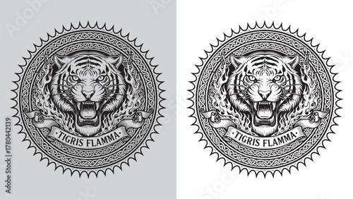 Tigris Flamma Tiger Head Fire Mascot Celtic Knot Emblem