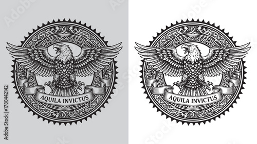 Aquila Invictus Eagle Spiked Ring Mascot Emblem with Banner