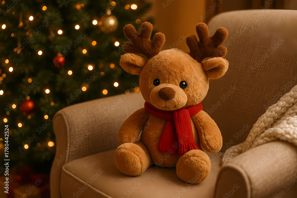 Fototapeta premium Christmas Teddy Bear – Cute Reindeer Plush Toy with Scarf by the Christmas Tree