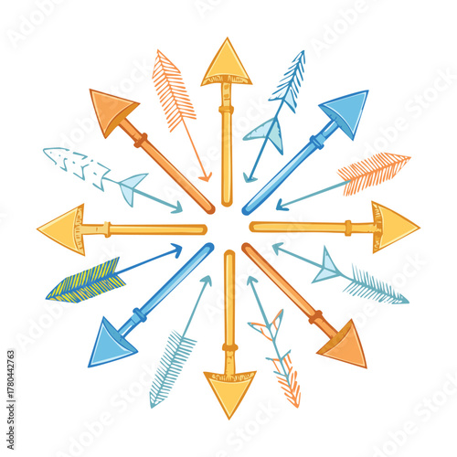 Circular arrangement of stylized arrows in shades of orange, yellow, and blue, each with unique feather designs, pointing outwards from a central point.