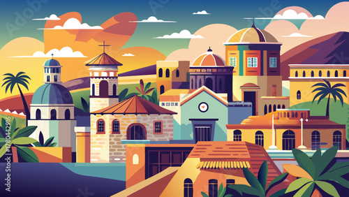 Very beautiful San Juan travel poster in cinematic minimal vector style, featuring simplified colonial skyline, colorful rooftops, ocean view, and warm Caribbean sunset tones with clean geometric shap