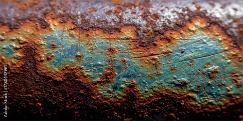 Close-up of corroded metal pipe showing rust and oxidation useful as a background or texture