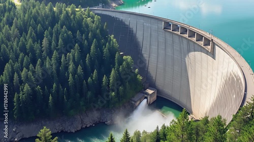 Massive curved concrete dam surrounded by dense pine forest and blue reservoir seemless looping animation 4k quality video 
