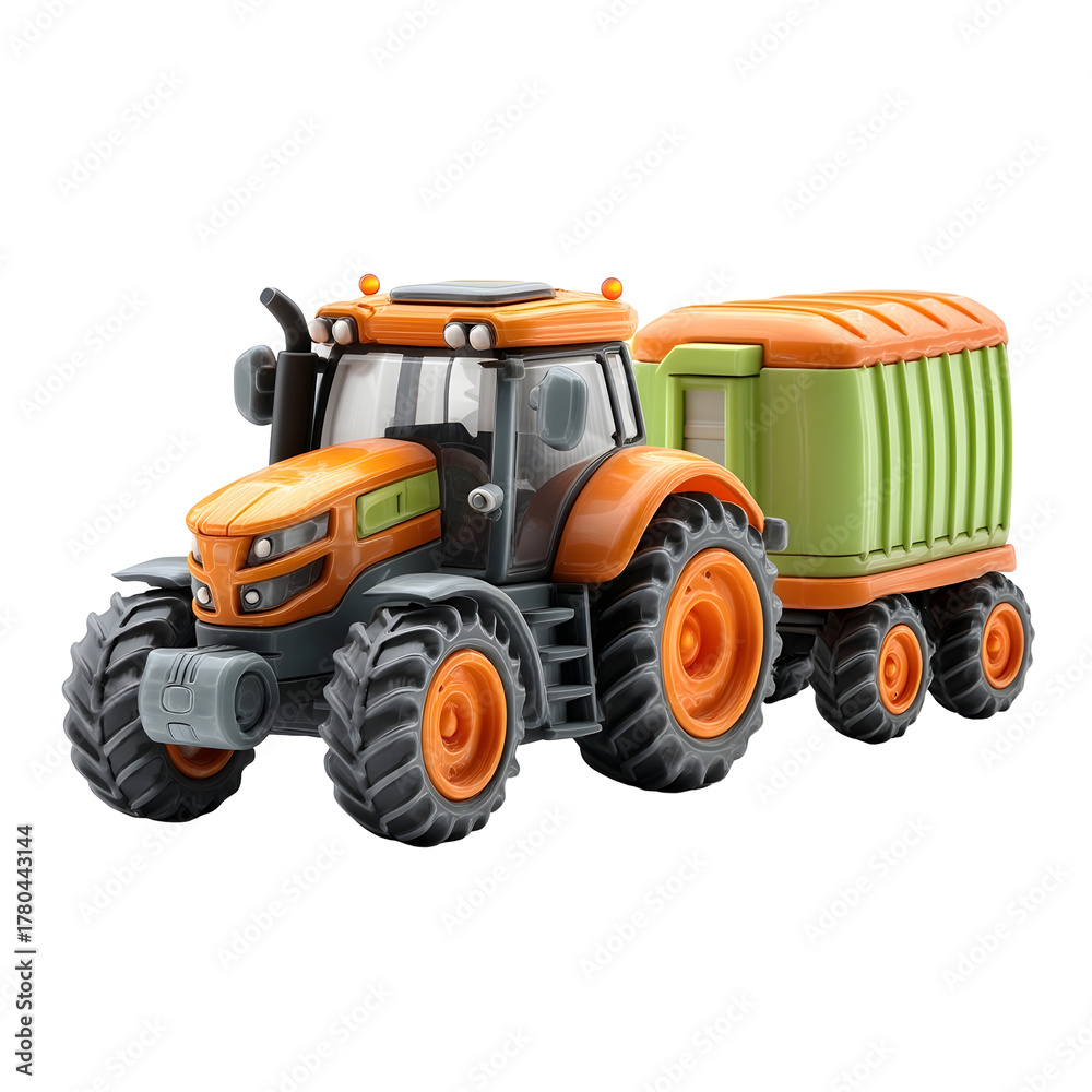 Obraz premium A 3D rendered toy tractor with trailer in orange and green isolated on a white background