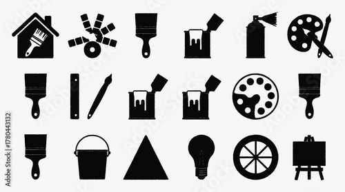 Painting Supplies and Tools Black and White Silhouette Vector Illustration Set