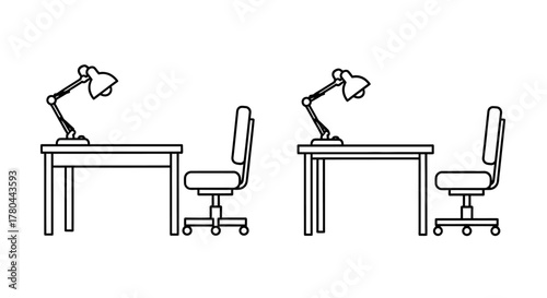 Simple line drawing of desks chairs and lamps in a minimalist style
