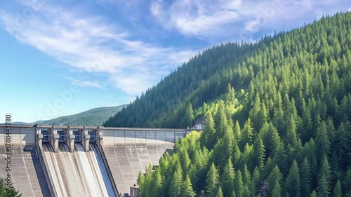 Hydroelectric Dam Surrounded by Dense Green Forest and Mountain Landscape under Blue Sky seemless looping animation 4k quality video 