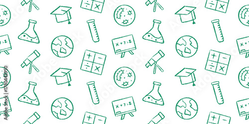 Seamless Academic Subject Pattern with Hand-Drawn Icons: Globe, Flask, Grad Cap, Math Calculator, Telescope, Test Tube, and Chalkboard for School and Science Education