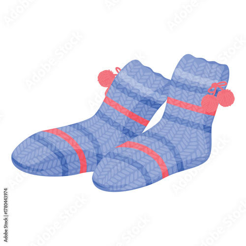 Knitted socks with pom poms in blue and pink design on a simple white background, perfect for cozy winter days and relaxation at home