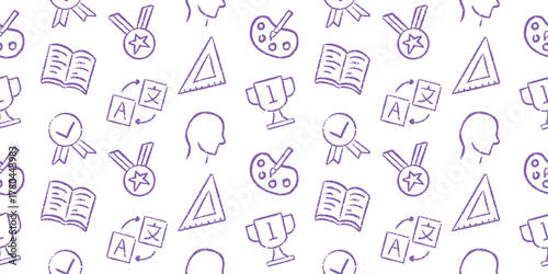 Seamless Education and Achievement Pattern with Hand-Drawn Icons: Book, Palette, Trophy, Medal, Translation, Geometry, and Knowledge Outline for Learning Background