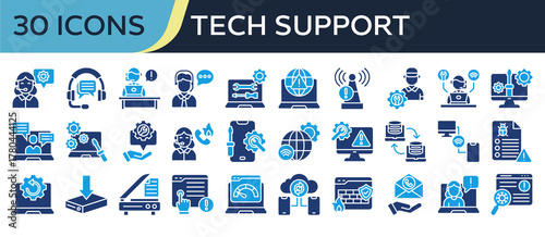 Collection of Tech support icons, related to Support Agent, Live Chat, Help Desk, Technical Support, Remote Access and more. Solid icons vector illustation.