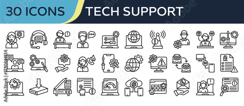 Collection of Tech support icons, related to Support Agent, Live Chat, Help Desk, Technical Support, Remote Access and more. Outline icons vector illustation.
