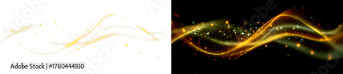 Dynamic Golden Light Waves with Sparkles and Glow Display on Transparent and Black Background, png