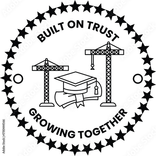 A black and white logo with a graduation cap and a crane