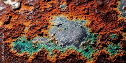 Close-up of corroded metal surface showing rust and oxidation ideal for backgrounds and textures