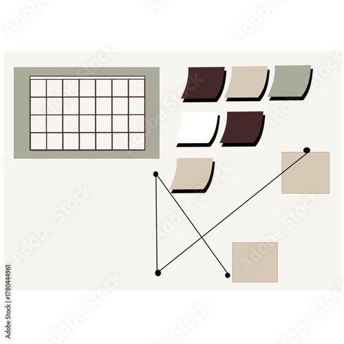 Office Whiteboard with Sticky Notes, Planning Chart, and Calendar