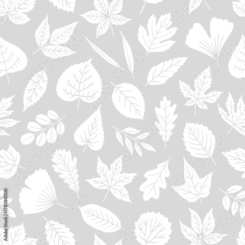 Seamless pattern with white silhouette leaves on gray background. Texture leaf of maple, oak, linden, aspen, ginkgo, and others. Print for textile, package, and wrapping paper. Vector illustration