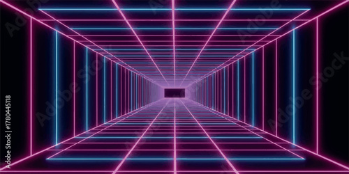 Abstract neon grid tunnel background glowing perspective with pink and blue lines perfect for futuristic and technology concepts