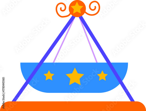 Geometric Carnival Ride Gondola Flat Vector Icon Bright Orange Blue Stars Amusement Park Swing Fairground Attraction Element Isolated on Black