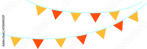 Festive Bunting Garland Party Flags Two strings of bright orange yellow pennants vector isolated decoration for birthday carnival fair holiday event banner