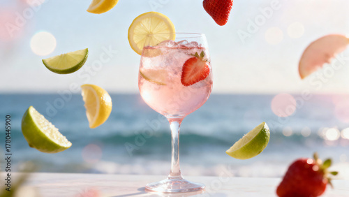 Refreshing Summer Cocktail with Bubbles and Fresh Fruits by the Beachside