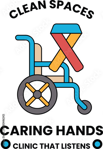 A black and white image of a wheelchair with a ribbon on it