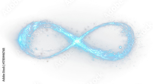 Futuristic infinity symbol floating in abstract night sky digital background concept of endless energy.
