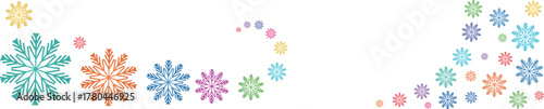New Year snowflakes on a white background, falling colored snow, Christmas and holiday, fairytale winter	
