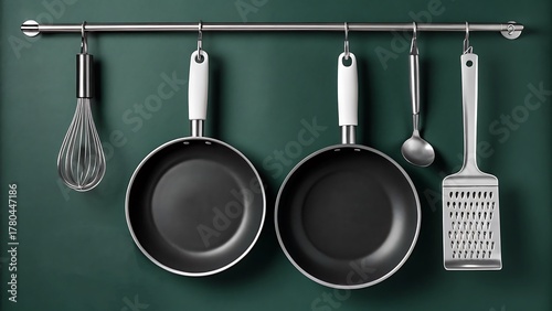 Kitchen utensils and frying pans hanging on green wall background
