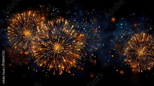 Spectacular golden orange fireworks explode in the night sky illuminating the darkness with dazzling light displays