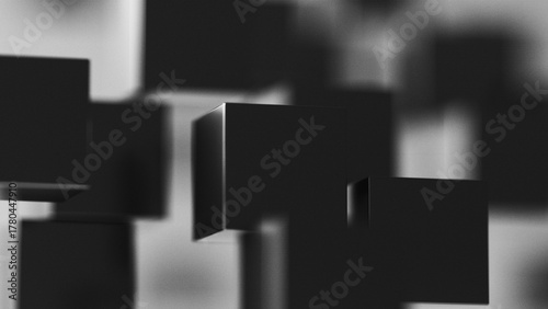 Black and White Retro Floating Cubes Abstract 3D Illustration