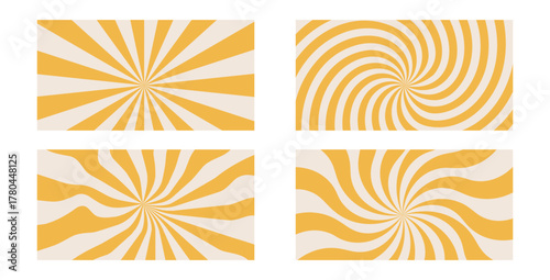 Groovy swirl starburst backgrounds set. Retro spiral yellow sun rays abstract collection of illustrations. Vector radial carnival stripes vintage backdrops. Sunburst 70s pop art wide design.