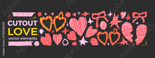 Heart cutouts paper collage for love or scrapbook design. Featuring a sticker icon and a locket shape and washi tape or valentine projects. Love, star and bow torn and cut element for craft background